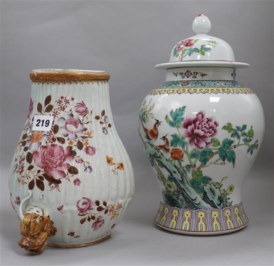 A Chinese famille rose vase and cover and a ceramic fountain vase height 35cm
